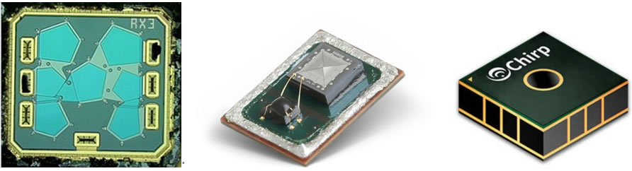 典型薄膜型压电器件：Avago FBAR芯片（左）、Vesper压电式MEMS麦克风（中）、TDK超声波飞行时间（ToF）传感器（右）